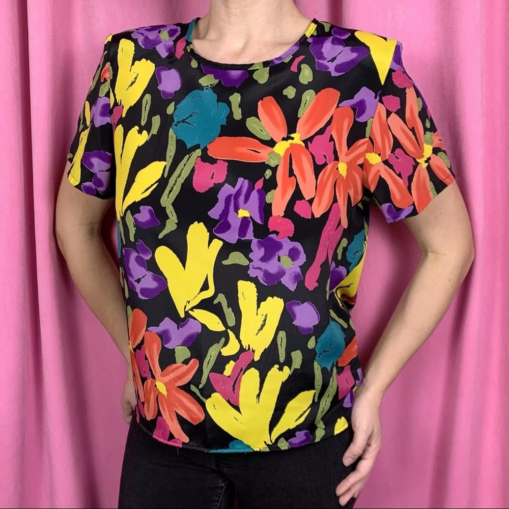 Vintage 1980s Point & Line Funky Black Colorful Abstract Floral Blouse